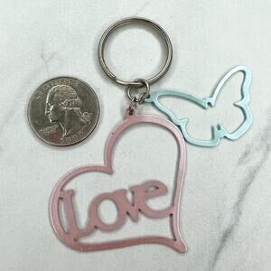 Pastel Pink and Blue Heart Love Butterfly Cut Out Keychain Keyring